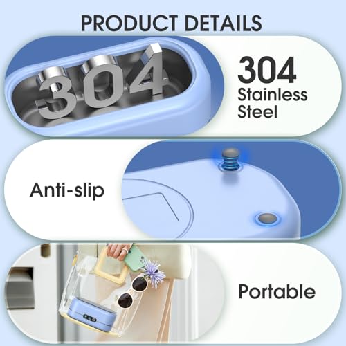 Professional Ultrasonic Jewelry Cleaner with Digital Timer,50KHz Ultrasonic Cleaner Machine with 304 Stainless Steel for Jewelry,Eyeglasses, Rings, Coin, Watch Strap, Dentures, Hygiene Items (Blue)