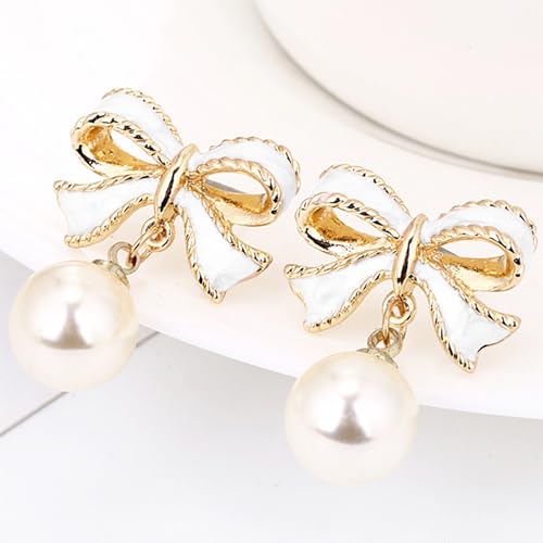 Pearl Bow Earrings for Women Coquette Aesthetic Jewelry Rhinestone Bow Earrings for Bridesmaids Wedding Party Accessories Bridal Costume Accents Bowknot Themed Gifts - color: B4: White Bow Pearl Earrings