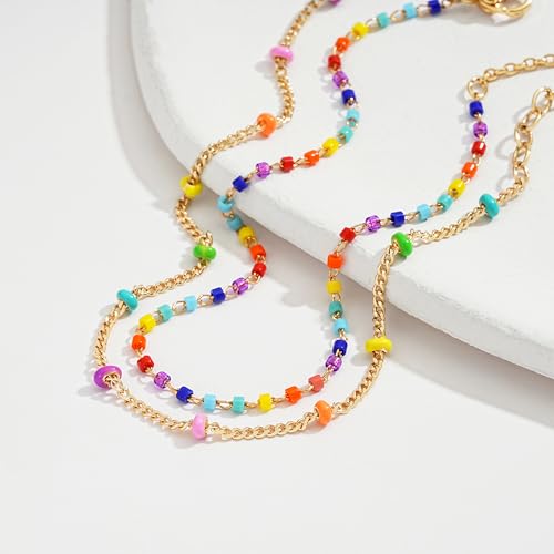 Gold Chain Bracelet for Women, 14K Gold Plated | Dainty Bracelets with Adjustable Chain, Trendy Jewelry Gift for Women - style: layer colorful