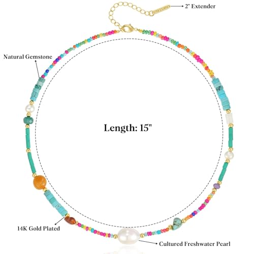 KissYan Beaded Choker Necklace for Women, Colorful Natural Gemstones Pearl Choker 14K Gold Plated Pendant Healing Crystal Necklace Handmade Stone Jewelry Gift | 14K Gold Plated Pendant Necklaces, Natural Gemstones Pearl Choker, Healing Crystal Chain, Hand
