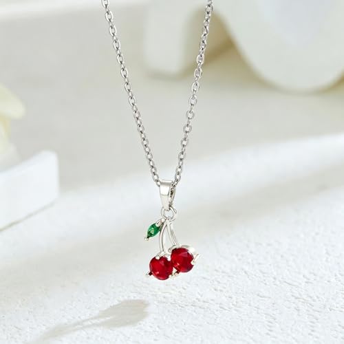 MALOYANVE Red Cherry Jewelry Set for Women 18K Gold Plated Sweet Fruit Dainty Cubic Zirconia Cherry Earring Necklace and Bracelet Summer Tropical Charm Accessories - color: Silver