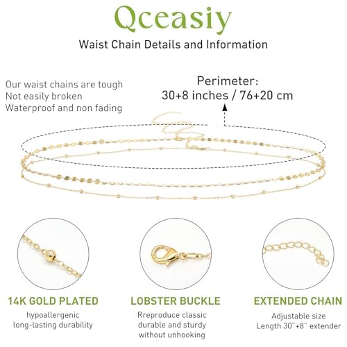 14K Gold Plated Waist Chain for Women, Layered Belly Body Chain | 2Pcs Adjustable Fit, Layered Design, Dainty Chain Styles, Bikini, Dress & Rave Outfits, Beach, Festival & Vacation - color: Gold-Plated 10