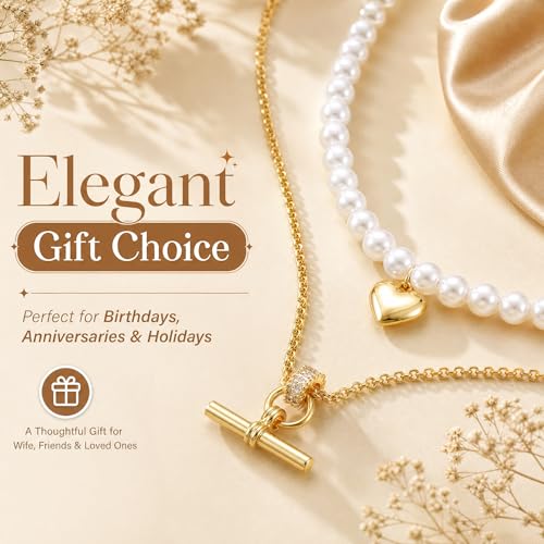 T-Bar Pearl Necklace Stack, Long Layered Necklaces Women, 16K Gold Plated | Heart Pendant Necklace with Dainty Pearl Chain, Non Tarnish Statement Jewelry Set for Trendy Everyday Accessories