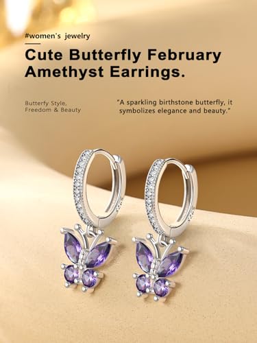Bestyle Gold Butterfly Earrings for Women, Dainty Cute Birthstone Studs Hypoallergenic Jewelry, Great Birthday Gift - style: 02.February (Amethyst)-DANGLE