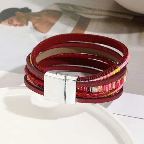 VIBILIA Boho Leather Wrap Bracelets for Women Multi-Layer Bracelets | With Strong Clasp Jewelry for Women - color: 03-BohoBraid-Red