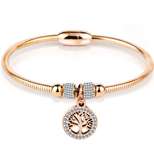 Jude Jewelers Stainless Steel Tree of Life Charm Bangle Bracelet Cocktail Party Anniversary - color: Rose Gold