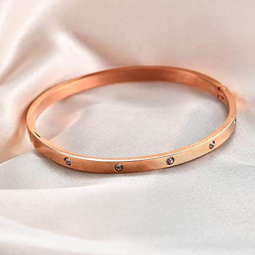 VQYSKO Love Friendship Bracelet Bangle Gold Rose Gold Silver with Cubic Zirconia Stones Stainless Steel Hinged Jewelry with Crystal Oval Bracelet Birthday Present for Her Women Teen Girls - style: 6.5Inch-4MM-Oval-Rose Gold