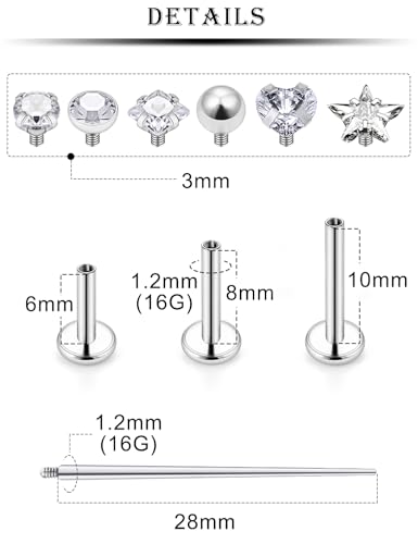 16G Lip Labret Medusa Rings Studs Internally Threaded 316L Surgical Steel Snake Bite Lip Rings Flat Back Catilage Tragus Helix Daith Earrings Piercings Jewelry for Women Men 8mm - color: 16G-6mm 8mm 10mm Bars + Piercing Taper