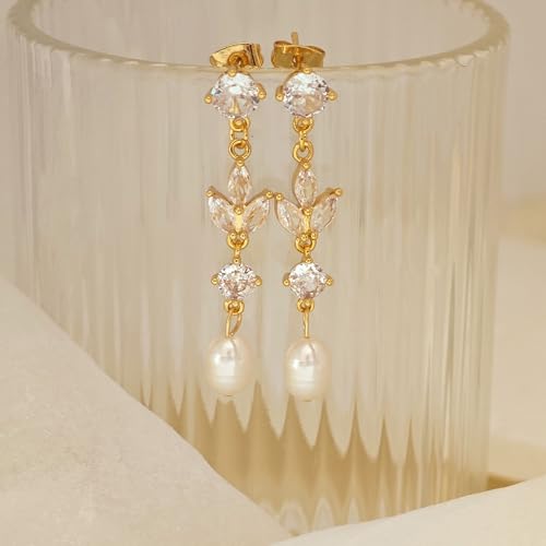 Pearl Earrings for Women Trendy, 14k Gold Plated Freshwater CZ Leaf Pearl Dangle Drop Gold Earrings Lightweight Hypoallergenic Stud Earring Bridesmaid Wedding Gold Jewelry for Women Gifts - style: cz long pearl earrings