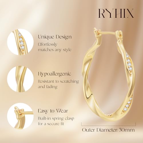 Hoop Earrings 14K Gold Plated Earrings for Women Thick Large Diamond Hoops Earring Twisted Wave Huggie Earring 30/40MM - size: 30MM