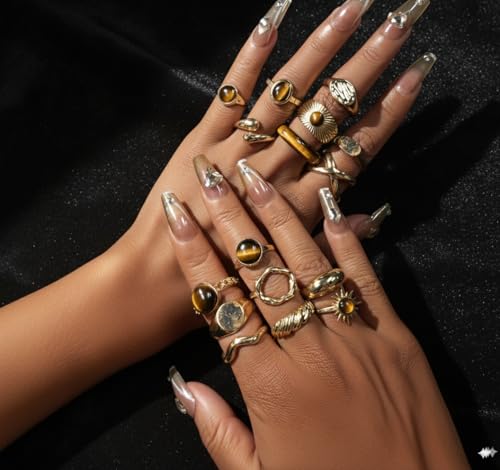 Chunky Gold Rings for Women Non Tarnish, Baroque Pearl Flower Tiger's Eye Stone Rings Adjustable Stacking Statement Rings Set Fashion Jewelry Gifts - style: Tiger eye stone