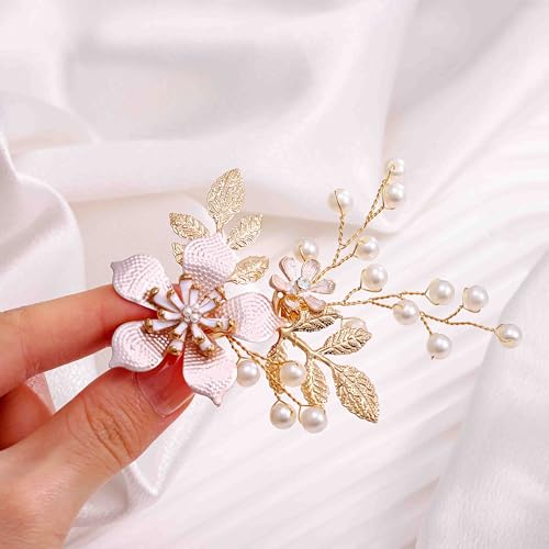 Foyte Bridal Flower Hair clip Pearl Wedding Hair Piece Gold Bride Leaf Barrettes Bridal Hair Accessories for Women and Brides