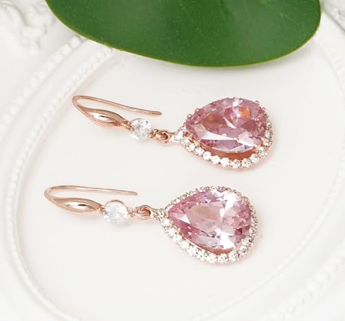 Crystal Drop Earrings for Women Cubic Zirconia Teardrop Earrings Sparkling Rhinestone Dangle Earring - color: Gold Pink