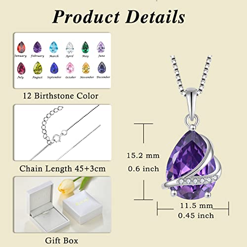 Birthstone Pendant Necklace 925 Sterling Silver Teardrop Jewelry for Women - color: Purple