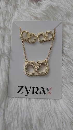 ZYRA Gold Plated Clover Four Leaf Necklace Pendant and Earrings for Women Clover Set Jewelry Gifts for Women - color: Valentino Gold