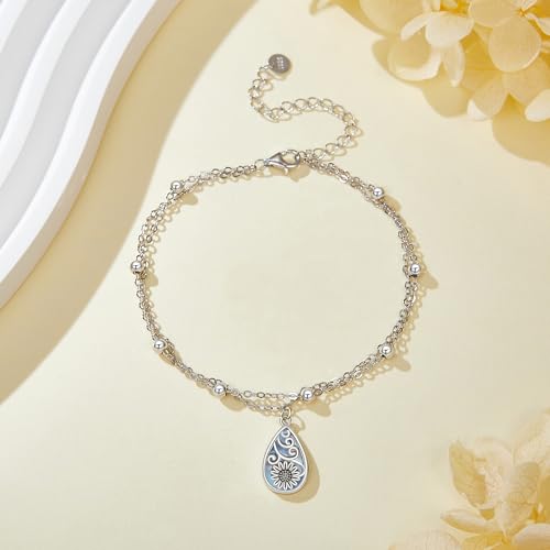 POPLYKE 925 Sterling Silver Double Layered Chain Evil Eye Daisy Sunflower Butterfly Anklets for Women Holiday Beach Crystal Ankle Bracelet Dainty Evil Eye Jewelry - style: Abalone Sunflower Anklet