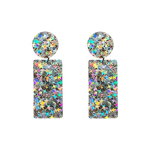 Exaggerated Acrylic Round Rectangle Heart Shape Glitter Sequins Dangle Drop Earring Boho Lightweight Geometric Circle Sequin Stud Statement for Women Girls 60s 70s Y2K Jewelry Gifts - color: C rectangle