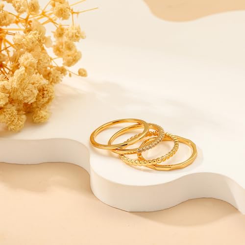 Lunvky Silver Stacking Rings for Women 14K Gold Plated Ring Non Tarnish Thin Trendy Stackable Dainty Cubic Zirconia Finger Pinky Thumb Wedding Band Rings Set Jewelry Gifts Size 5-10 - color: A-Gold, size: 5
