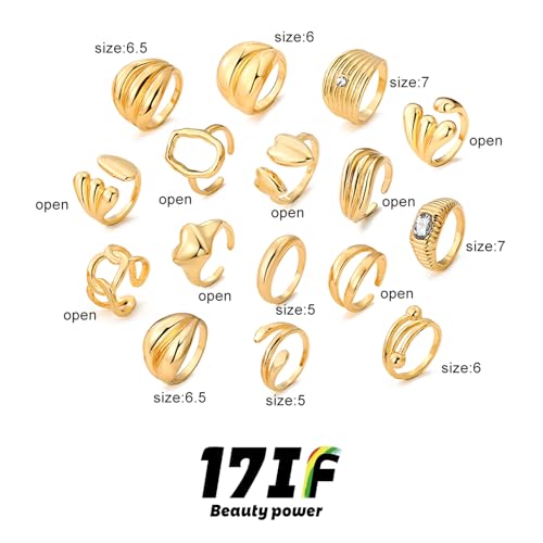 17IF 16 Pcs Chunky Gold Rings Set for Women, 14K Gold Plated | Classic Thick Adjustable Rings, Stackable Midi Finger Womens Stack Ring Pack for Jewelry Gifts - style: Golden-B