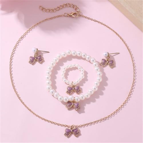 MALOYANVE 4PCS Bow Necklace Earrings Bracelet Ring Set for Women Elegant Bowknot - Adorned Pearl Jewelry Silk Ribbon Necklace Bracelet and Earrings for Christmas - style: Purple Bow