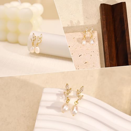 Pearl Earrings for Women:Gold Wedding Dangle Drop Earring Pearl Jewelry | 14K Gold Plated Pearl Drop Earrings for Women,Dainty Wedding Bride Earring Studs,Gold Dangle Drop Earring,Waterproof Jewelry - size: 1 pcs-3