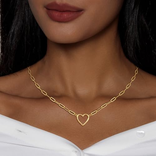 Airmb Heart Necklace for Women Gold/Silver Plated Trendy Heart Choker Lover Pendant Hypoallergenic Fashion Gold/Silver Necklace for Women Love Jewelry Gift for Women Girlfriend - color: Paperclip Open Heart-Gold