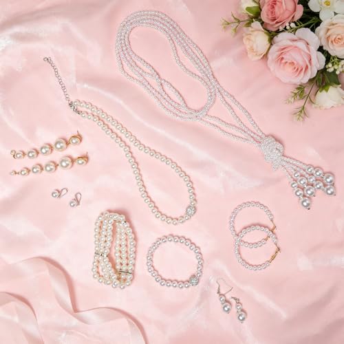 8pcs Faux Pearl Jewelry Set Elegant Pearl Earring and Necklace Set | 1920s retro style, 8 mix-and-match wearable piece, lightweight all-day wear, all-scene applicable, wedding bridal shower gift