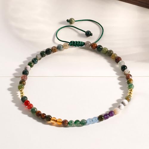 Colorful 7 Chakra Gemstones Beaded Anklet for Women Foot Jewelry | Adjustable 8.5-10 in, Ankle Bracelets for Women, Handmade, Positive Energy, Balance, Yoga, Meditation, Beach, Party, Vacation - style: Indian Agate