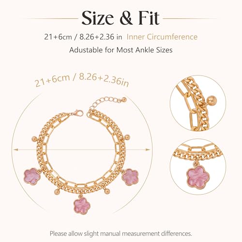 Fesciory Gold Plated Ankle Bracelets for Women, Adjustable Layered Flower Cherry Charm Anklets, Summer Hawaiian Beach Foot Jewelry Gifts 3 Flowers