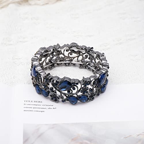 CSY Elegant Crystal Costume Jewelry Sets Flower Bridal Necklace Earrings Stretch Bangle Set for Bride Bridesmaid Wedding Dress Accessories - color: navy blue crystal