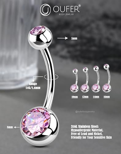 OUFER Belly Button Rings Surgical Steel, Internally Threaded Belly Rings | 14G Belly Piercing Jewelry, 10/12/14/16mm Beachy Belly Button Rings, Silver/Gold Navel Piercing Jewelry For Women Men - color: Pink, size: 14G 12MM