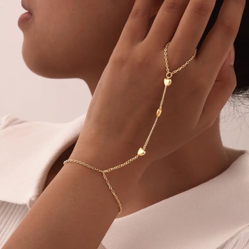 Evil Eye, Heart, Cross-Gold Ring Bracelet Hand Chain Layered Finger Bracelets for Women Delicate Link Chain Jewelry - style: 3 hearts