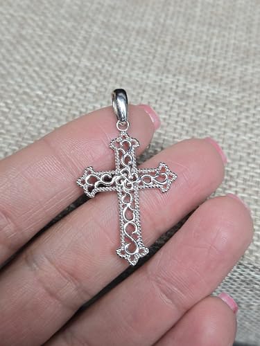 Takar 14K Gold Vermeil and 925 Sterling Silver Filigree Cross Pendant Necklace for Women, Open Work Christian Jewelry, Optional Rolo Chain - color: 925 Sterling Silver