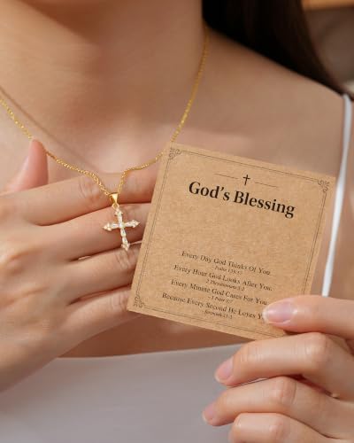 HGDEER God's Blessing Cross Necklace for Women Girls, Catholic Faith Gift | 14K Gold Plated, AAA+ Cubic Zirconia, No Rust No Fade, Gentle on Sensitive Skin, 18+2 in Adjustable Chain for Women Girls