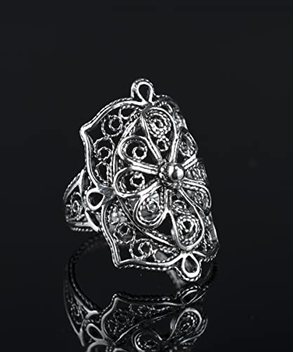 Filigranist 925 Sterling Silver Artisan Made Handcrafted Lace Embroidery Filigree Art Women Cocktail Statement Ring - style: Bold