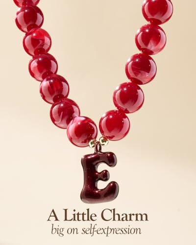DoDoBeads Chunky Colorful Beaded Initial Necklace, Bubble Letter Choker | Gift box and dust pouch included; waterproof and sweat-resistant with real gold plated stainless steel hardware - color: BlackCherry-E