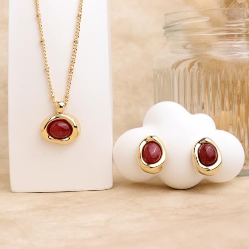 Jean Beau Gold Stone Pendant Necklaces for Women, Chunky Gemstone Dangle Necklace Wedding Prom Fashion Jewelry Gift - color: Garnet