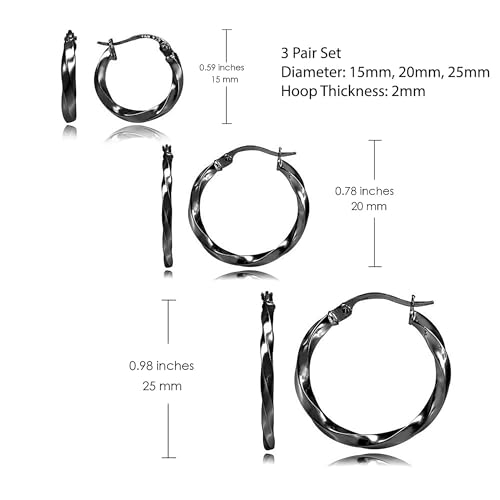 Hoops & Loops 925 Sterling Silver Twisted Hoop Earrings for Women - Hypoallergenic 14K Gold, Rose Gold, Black Flash Plated 2mm Thin Twist Design Round Click-Top Hoops, 15/20/25/30/35/40/50/60mm - color: 15,20,25mm - Black