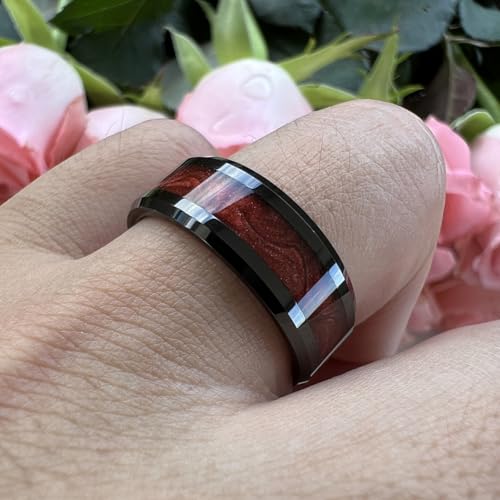 TUTISS 8mm Black Tungsten Rings for Men Women Flowing Sand Inlay Fashion Engagement Promise Wedding Band Beveled Polished Shiny Comfort Fit - color: 8mm Red Sand