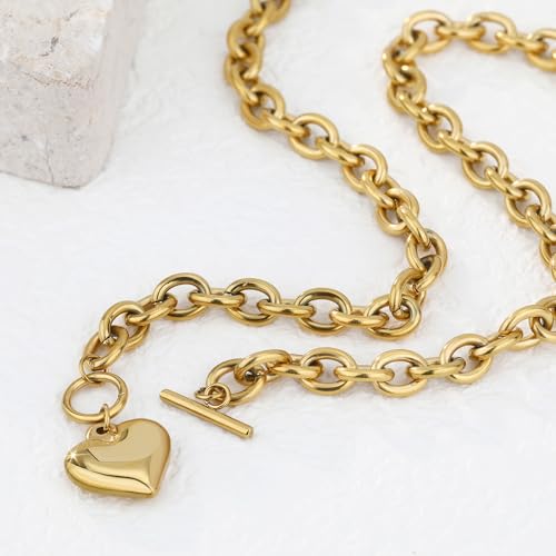 Chunky Gold Necklace for Women, 18K Waterproof Heart Necklace Statement Necklace Gold Charm Necklace Chunky Jewelry Paperclip Chain Choker Gift for Women - style: OT Chunky Chain Heart