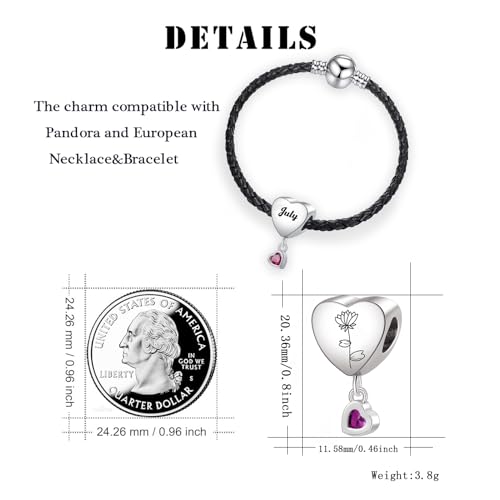 Birth Flower Heart Charm 12 Birthstone Bead for European Bracelet Necklace - style: July