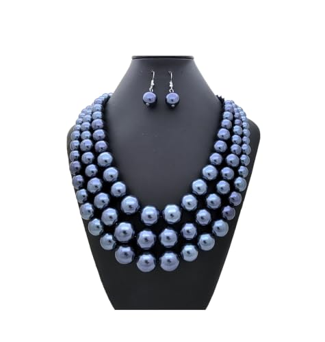 Simulated Pearl Necklace & Earring Set, Multi Strand - color: Dark Gray