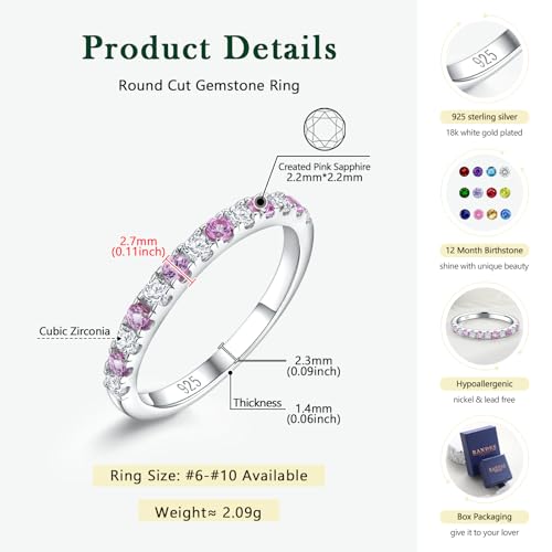 Birthstone Rings Eternity Band 925 Sterling Silver/Yellow Gold-Plated Created Gemstone Stackable Wedding Band 2.7mm Thin Half Eternity Rings for Women Size 6 to 10 - color: 10-Pink Sapphire-Oct.