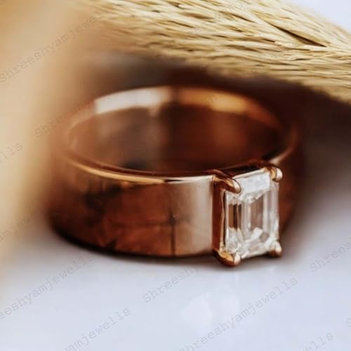 Emerald Cut Moissanite Ring Bridal Stacking Band 14K Rose Gold Cigar Band Birthday Gift Thick Wide Band Vintage Wedding Band For Women By SHREESHYAMJEWELLS
