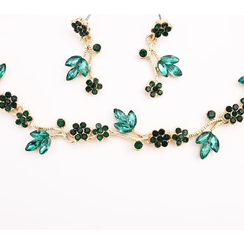 Brides Bridesmaid Flower Leaf Choker Necklace Dangle Earrings Link Bracelet Austrian Crystal Wedding Jewelry Set for Prom Costume Party Accessories for Woman - color: Emerald-Gold Plated