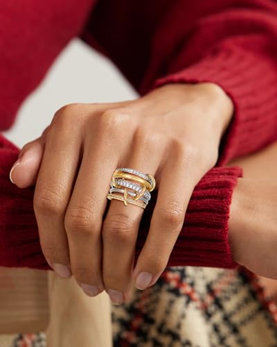 Gold Silver Stackable Rings for Women Mixed Metal Interlocked Ring Stack | Multi Ring set non tarnish 14K Gold Plated Cubic Zirconia Fashion trendy Two Tone Connected Bands Statement rings Size 4-11 - color: 03- Two tone 5 rings