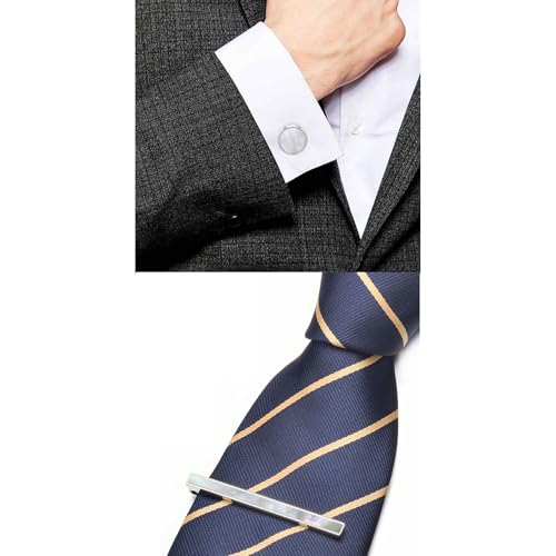 Shell Tie Clip Cufflinks Set for Men Business Gold Silver Tie Bar Cuffs Wedding Party Suit Jewelry Gift - style: Silver