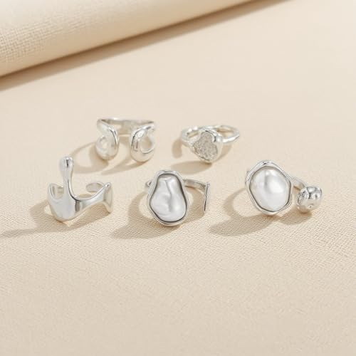 CSIYANJRY99 Gold Silver Rings Set for Women Trendy Irregular Chunky Gold Ring Baroque Pearl Rings Stackable Statement Knuckle Ring Jewelry - color: C-Silver