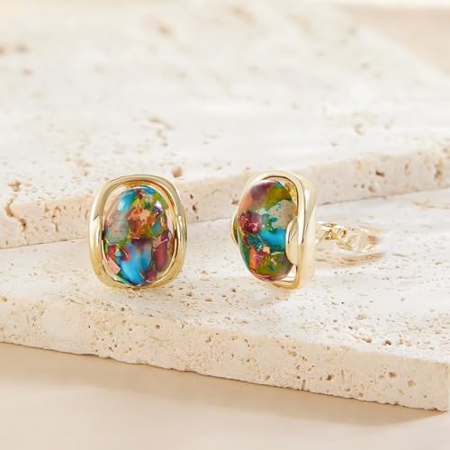 YOQUCOL Natural Stone Trendy Clip On Stud Earrings for Women Gold Plated Non Pierced Statement Earrings Fashion Jewelry - color: Oval-Colorful