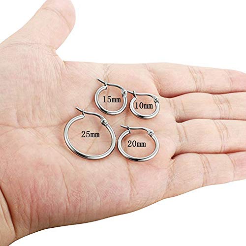 4 Pairs Stainless Steel Round Hoop Cute Huggie Earrings For Women Small Hoop Earring Set(10mm,15mm,20mm,25mm) - color: Silver Tone-4Pairs